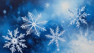 The primary subject of the image is a group of white snowflakes floating in a blue sky. The setting is a winter scene with a clear sky, and the visual style is a digital art or illustration. The dominant colors are white and blue, creating a serene and peaceful atmosphere.